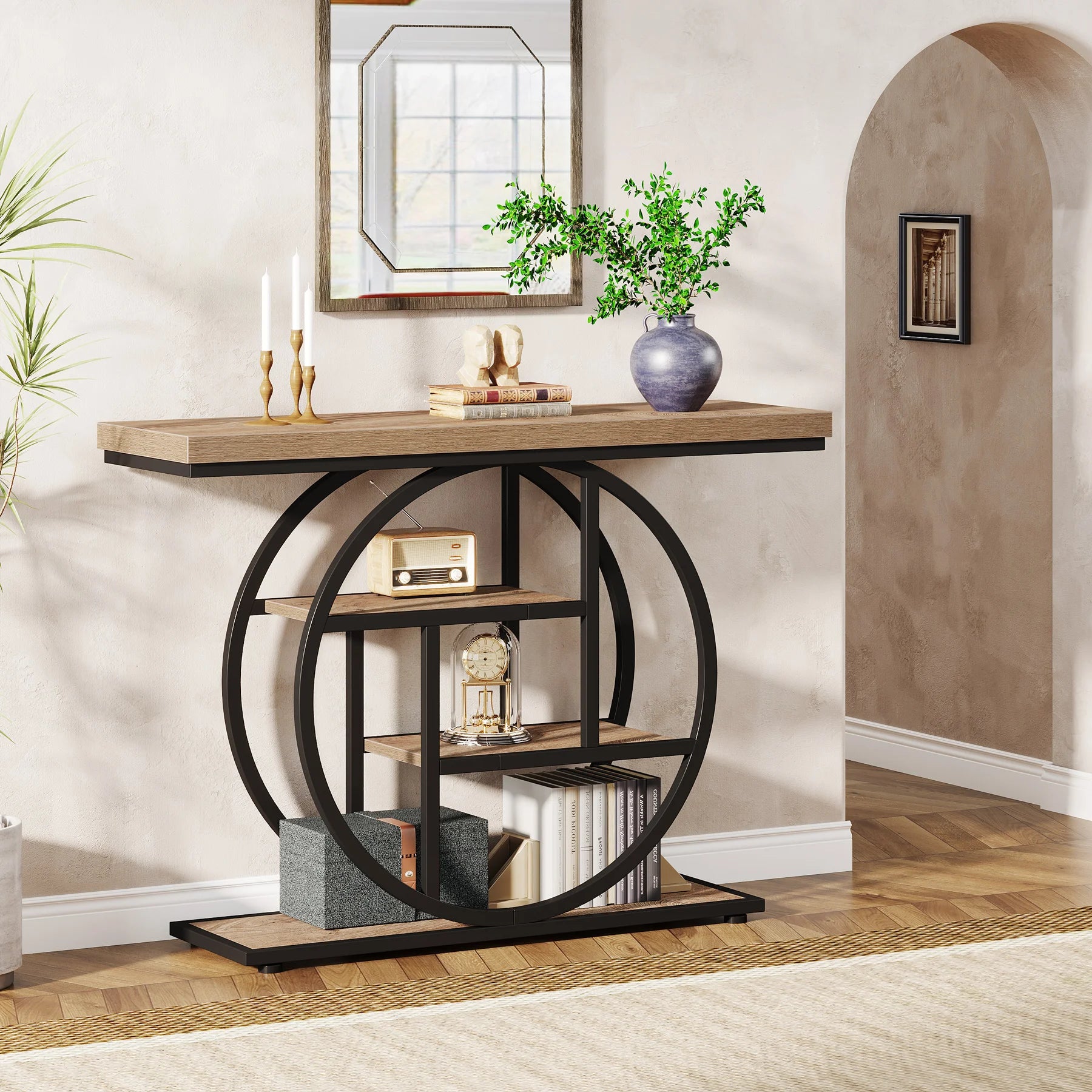 Rustic Wood 4-Tier Console Table with Round Metal Frame for Entryway — 41.3in