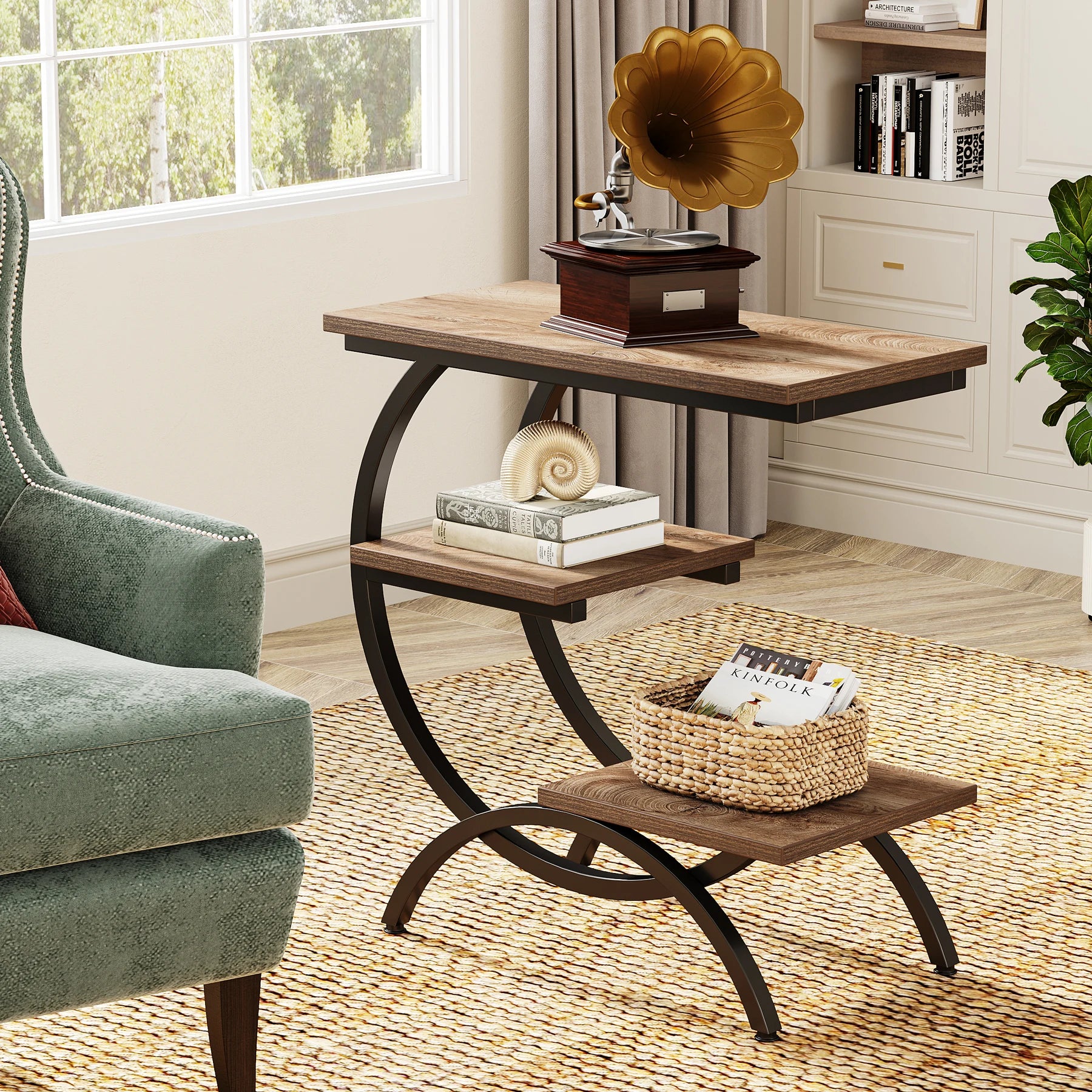 Industrial 3-Tier Side Table with Curved Metal Frame for Living Room — Rustic Brown Wood