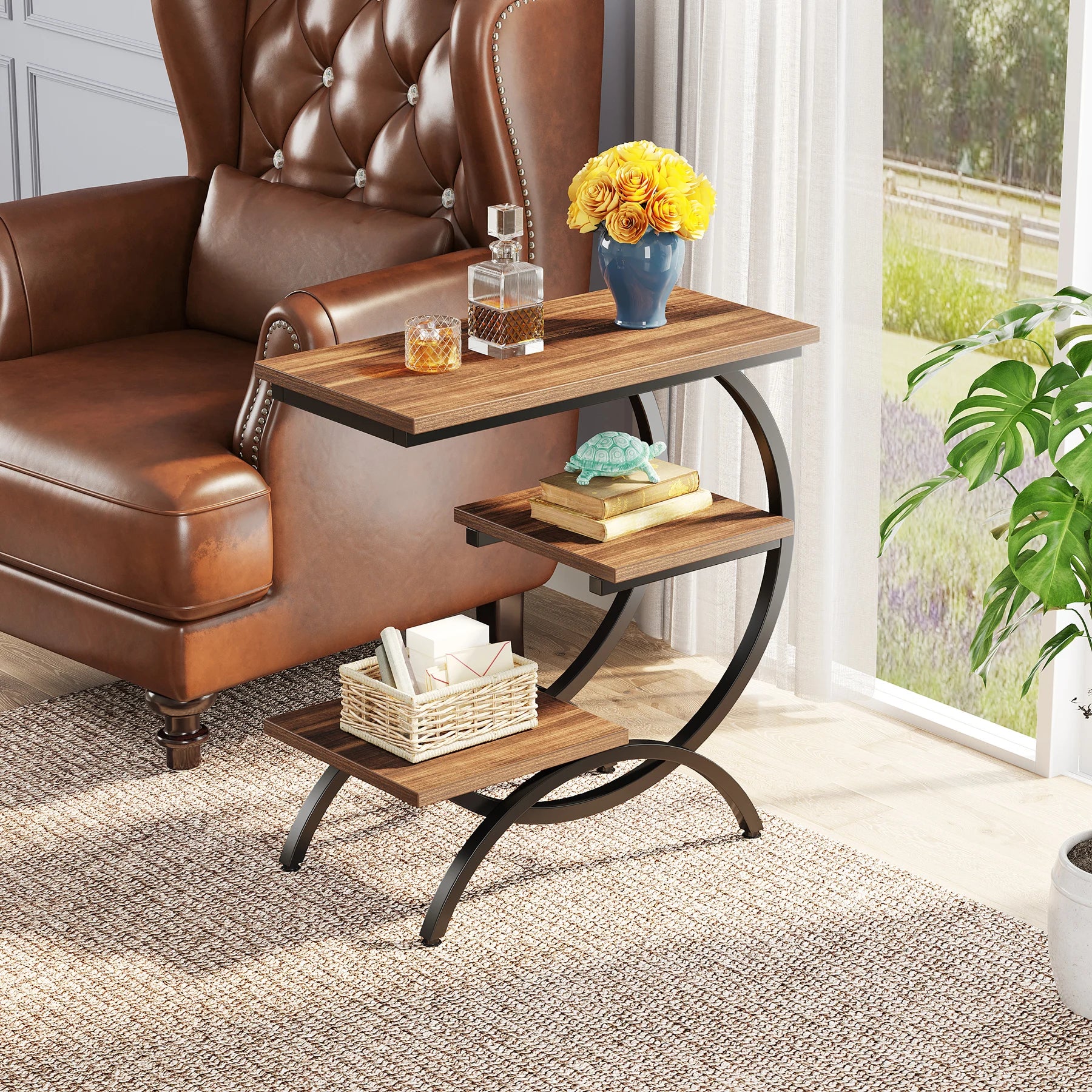 Industrial 3-Tier Side Table with Curved Metal Frame for Living Room — Rustic Brown Wood