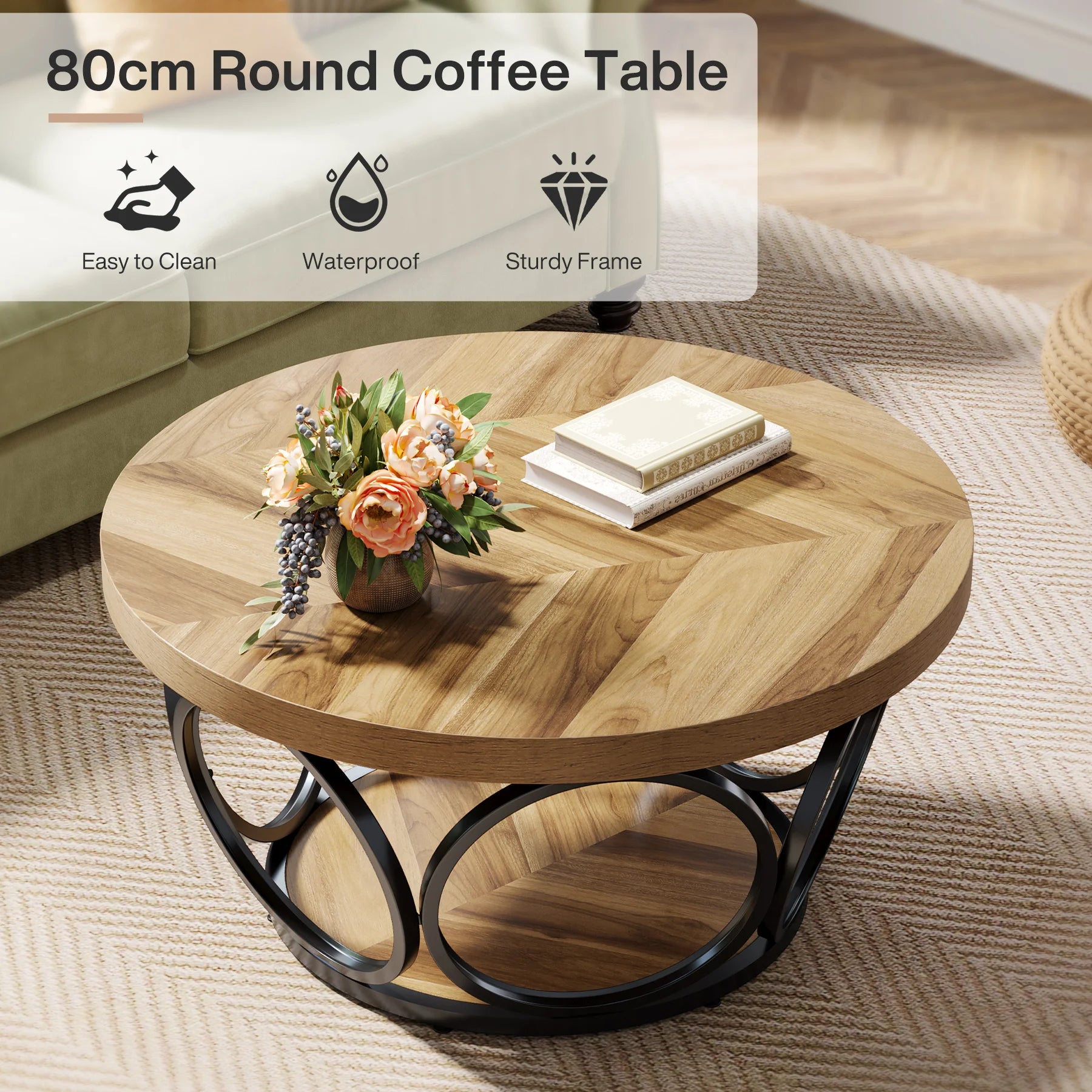 Round Industrial Coffee Table with Storage Shelf for Living Room — 31.7" Oak