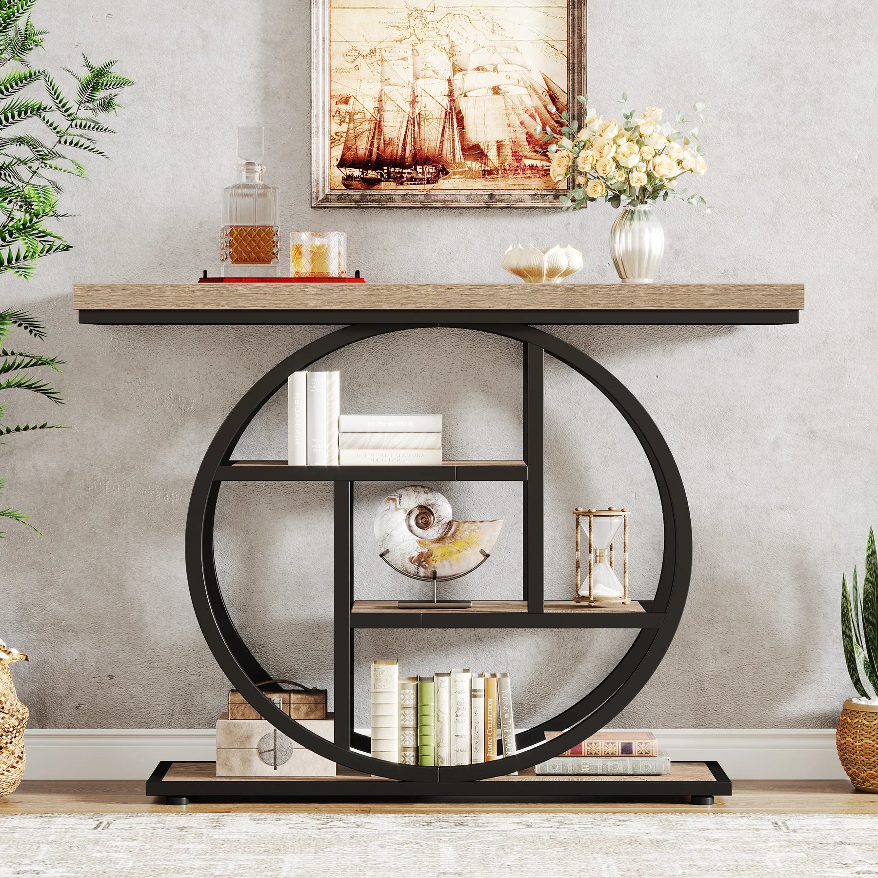Rustic Wood 4-Tier Console Table with Round Metal Frame for Entryway — 41.3in