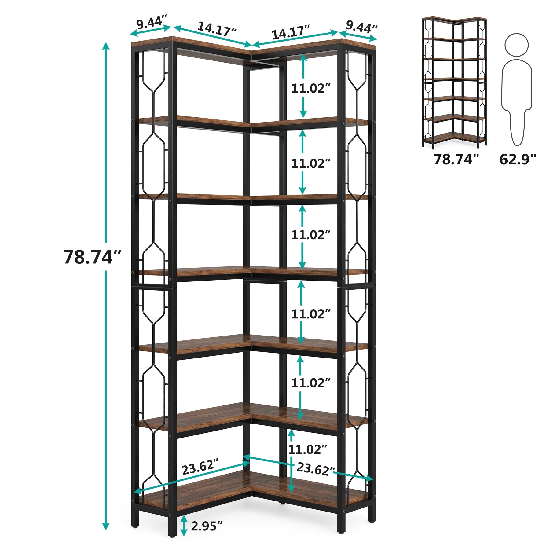 Industrial Corner Bookcase with 7 Shelves and Black Metal Frame for Living Room — 71" Tall