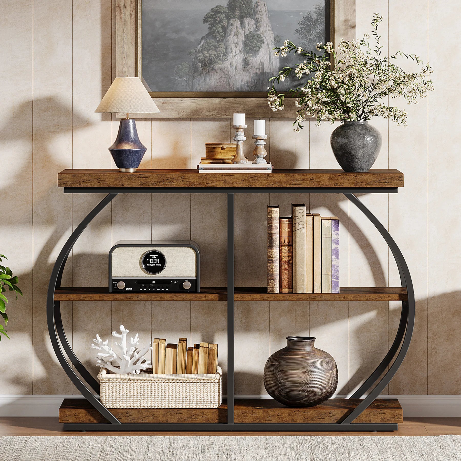 Rustic Industrial Console Table with Arched Metal Frame and 3 Storage Shelves for Entryway — 41 in