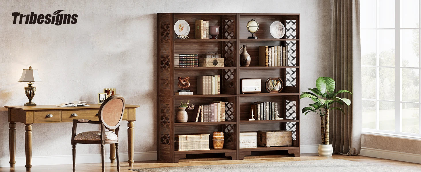 Industrial 6-Tier Bookcase with X-Frame for Living Room — 71in Tall Open Bookshelf