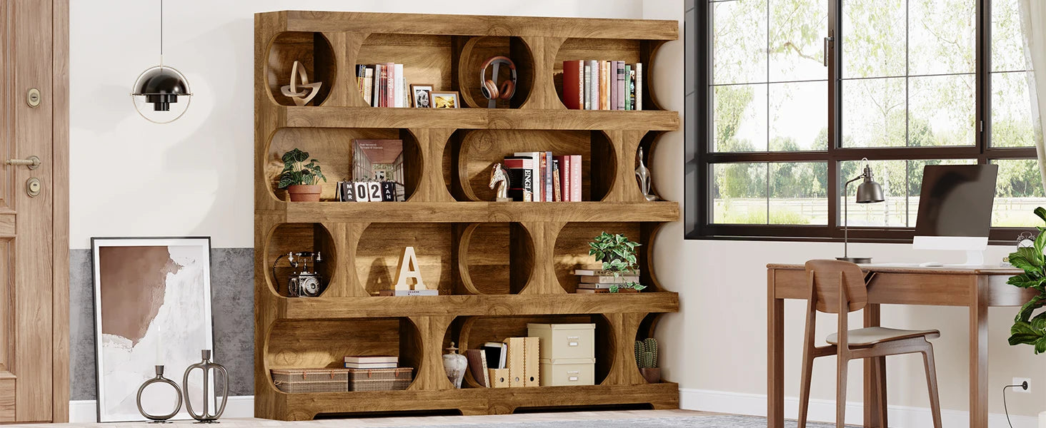 Two-Tone Curved Bookcase with Sculptural Cutout Shelves for Living Room — 71" Tall, 4 Tiers