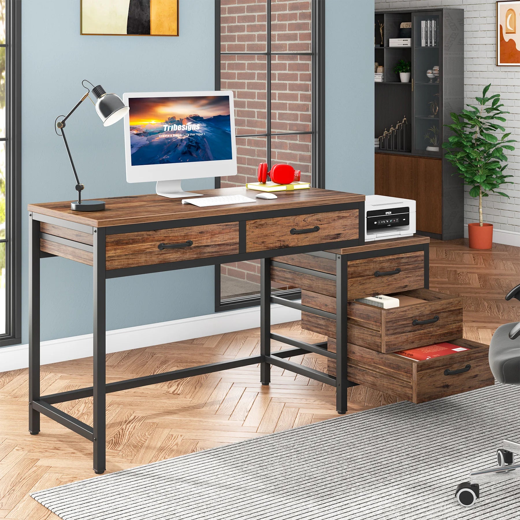 Industrial Computer Desk with 3 Drawers for Home Office — 59in Writing Table