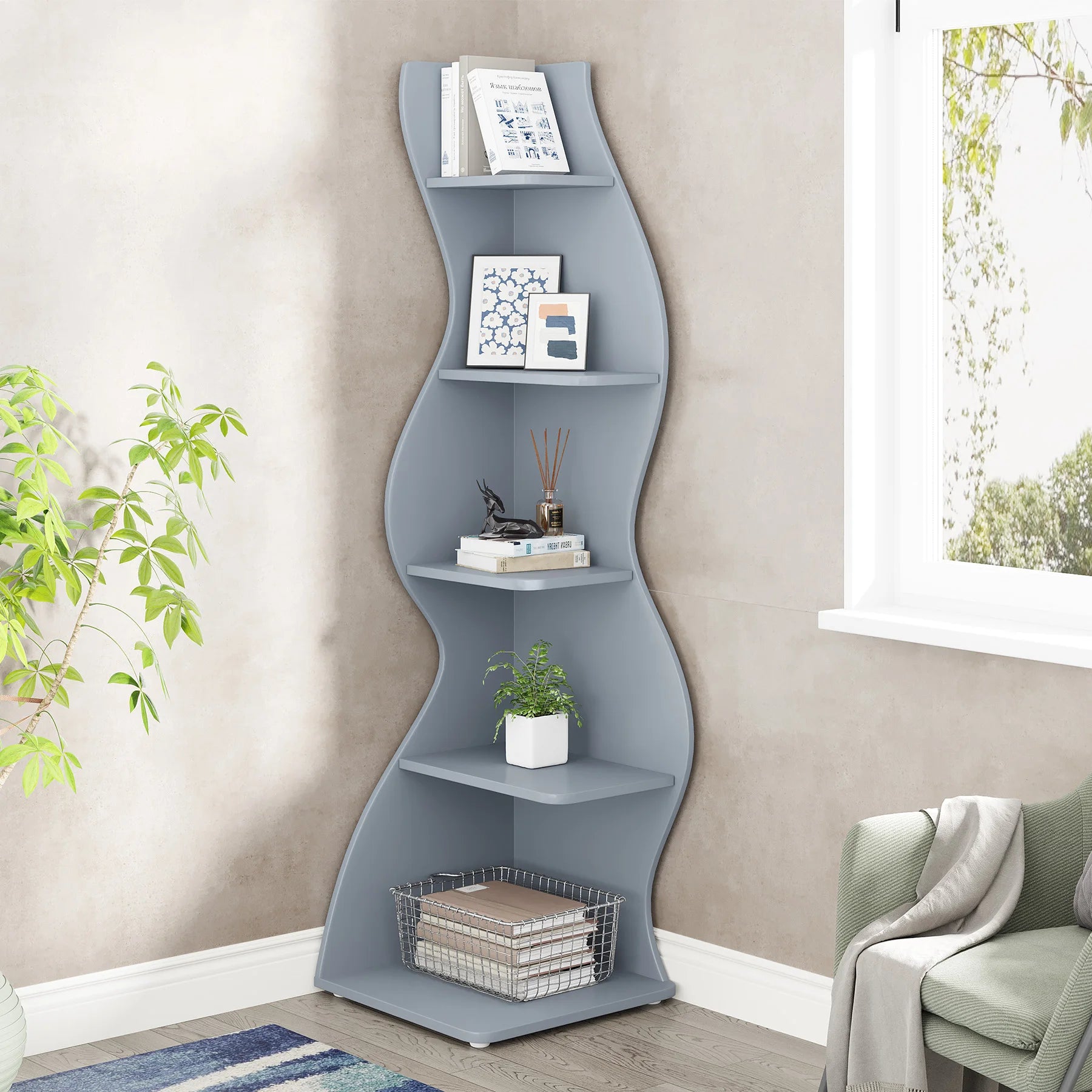 White Wave 5-Tier Corner Bookshelf with Curved Silhouette for Living Room — 65"H Floor Shelf
