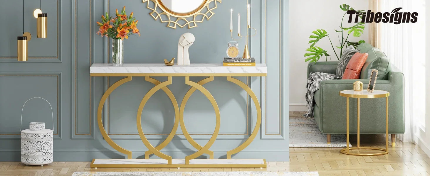 Faux Marble Console Table, 55" Gold Entryway Table — Narrow Sofa Table for Living Room & Hallway