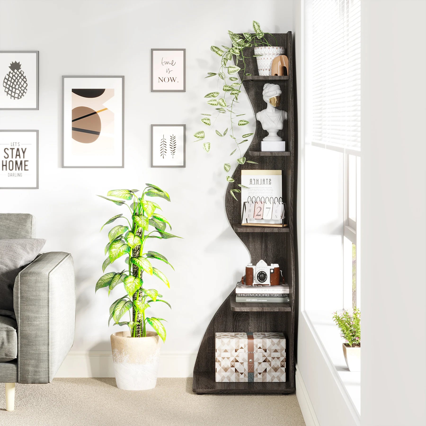 White Wave 5-Tier Corner Bookshelf with Curved Silhouette for Living Room — 65"H Floor Shelf
