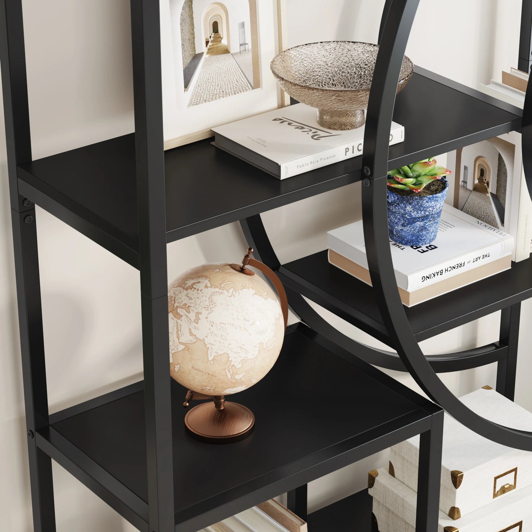 Industrial Etagere Bookcase with Curved Arc for Living Room — 71" Tall Freestanding