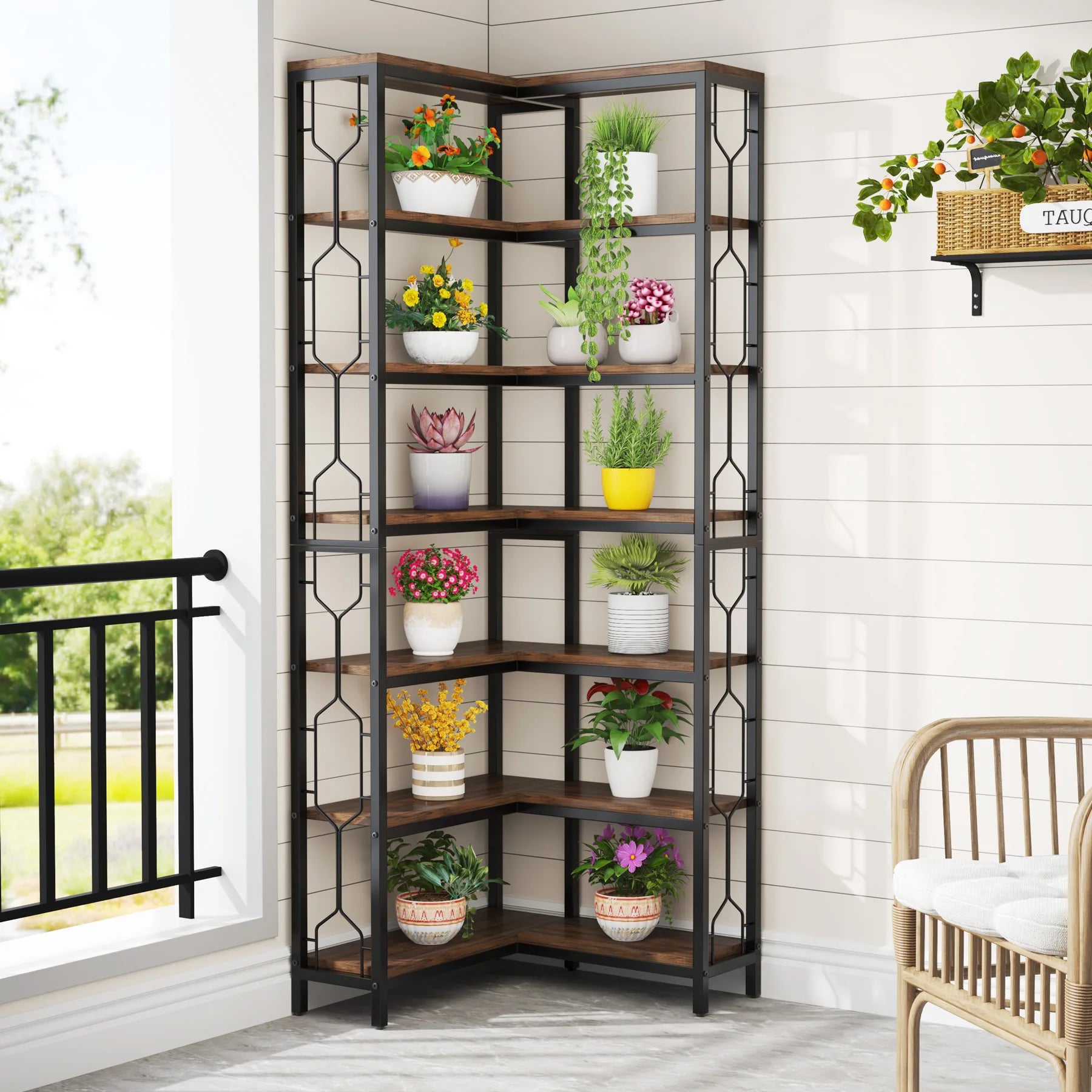 Industrial Corner Bookcase with 7 Shelves and Black Metal Frame for Living Room — 71" Tall