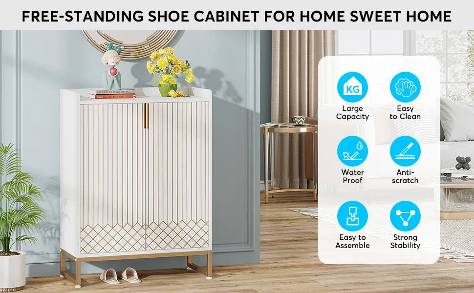 White Gold-Accent Shoe Cabinet with Doors for Entryway — 5-Tier Storage