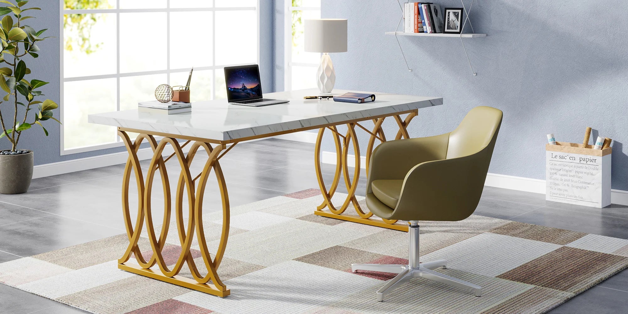 White Executive Desk with Gold Metal Legs for Home Office — 70.9"