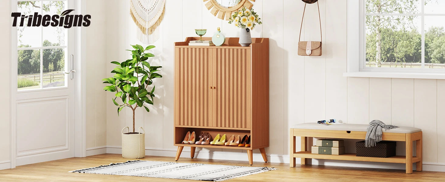White Gold-Accent Shoe Cabinet with Doors for Entryway — 5-Tier Storage