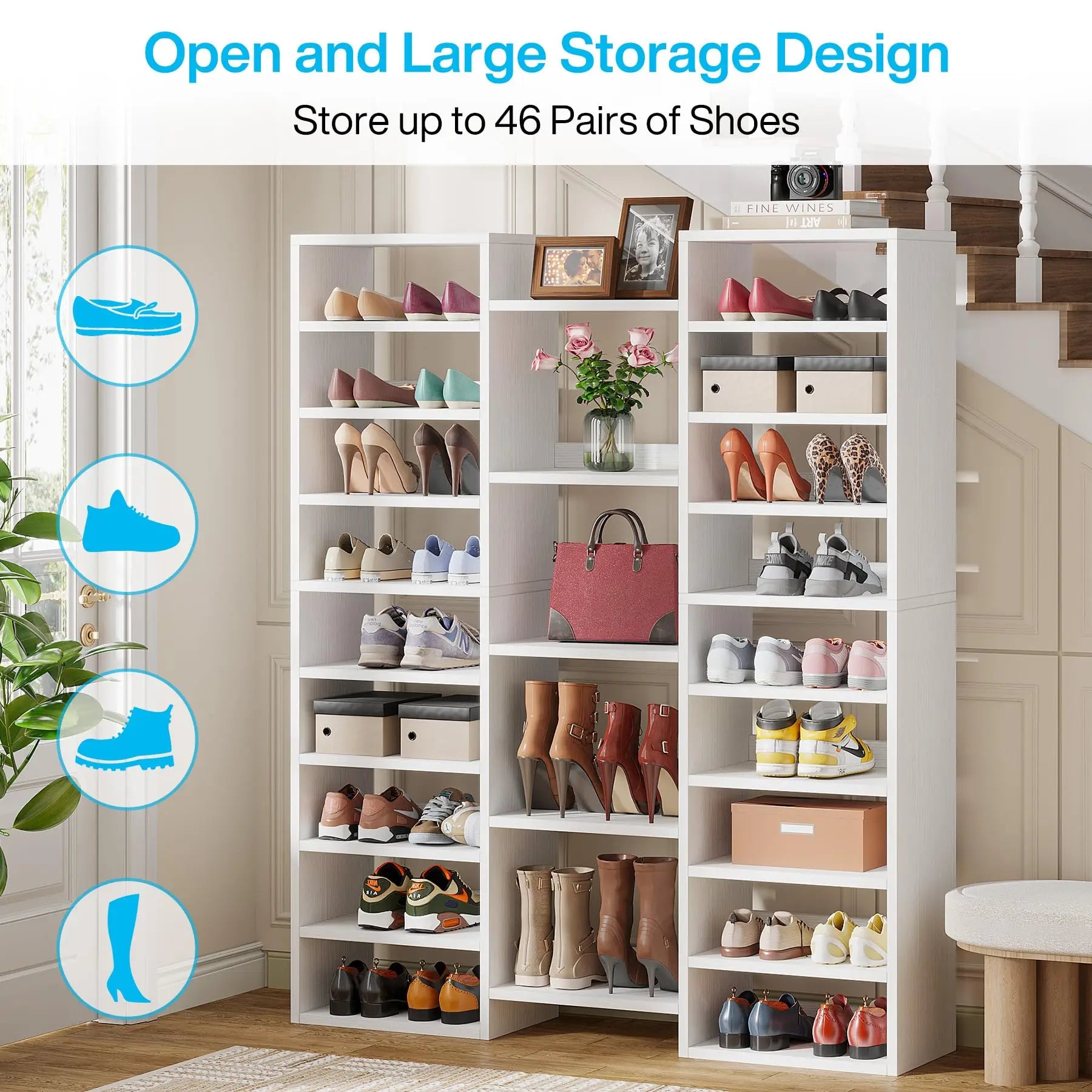 White Wood 14-Tier Shoe Rack with 22 Open Cubbies for Entryway — Holds 46 Pairs