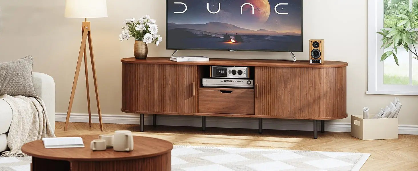 Mid-Century TV Stand for 80" TV — Fluted Walnut Media Console with Storage & Sliding Doors