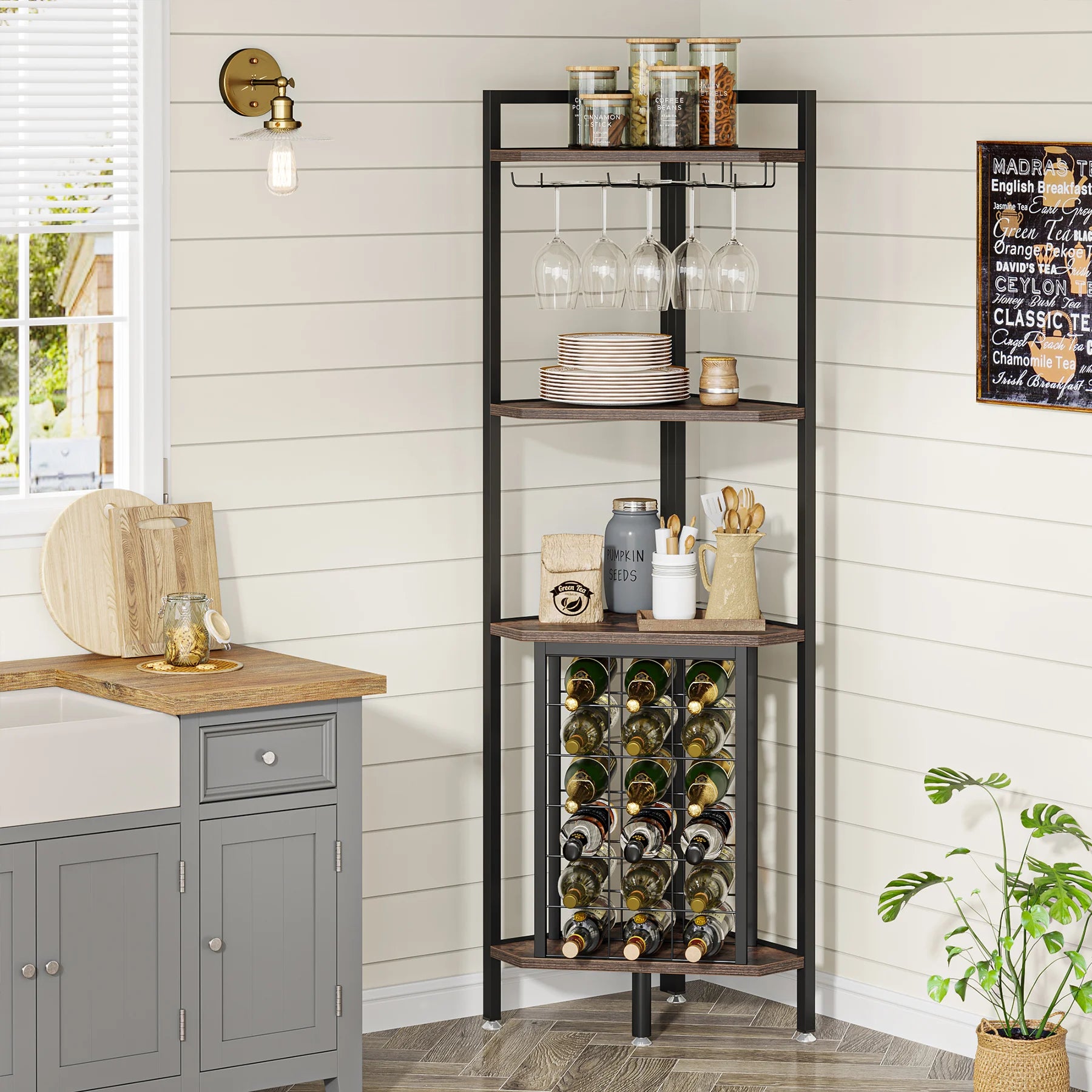 Industrial Wine Bakers Rack, 20-Bottle Freestanding Wine Rack with Glass Holder & Storage Shelves