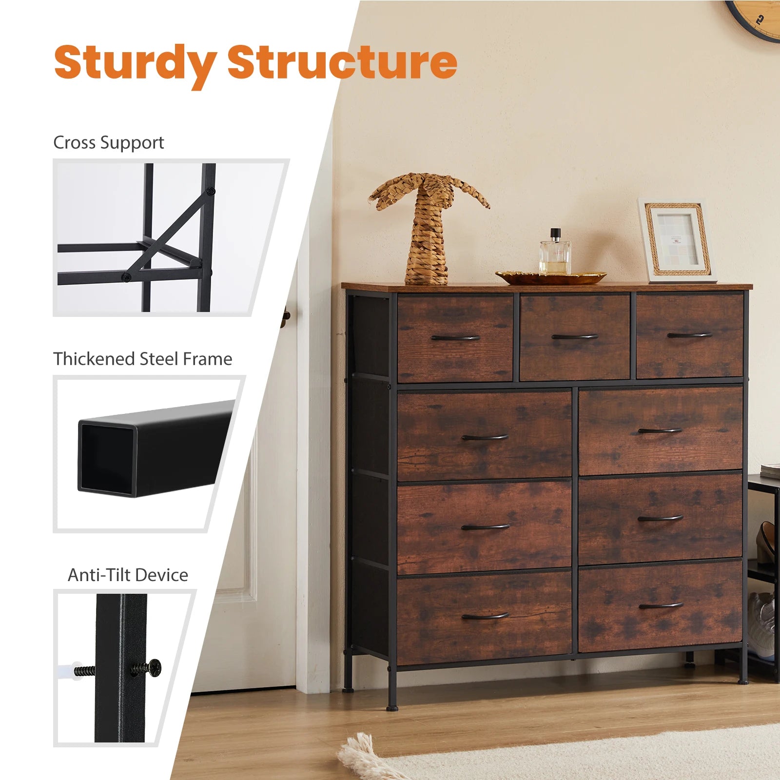 Rustic Wood-Look Dresser with 9 Fabric Drawers for Bedroom — Tall Industrial Chest