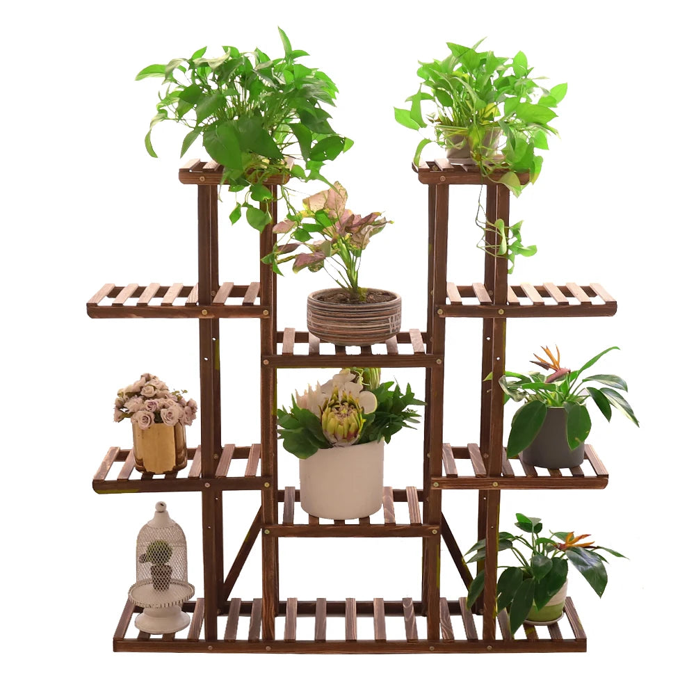 Carbonized Wood Plant Stand with Multi-Tier Slatted Shelves for Living Room — Holds 9+ Pots