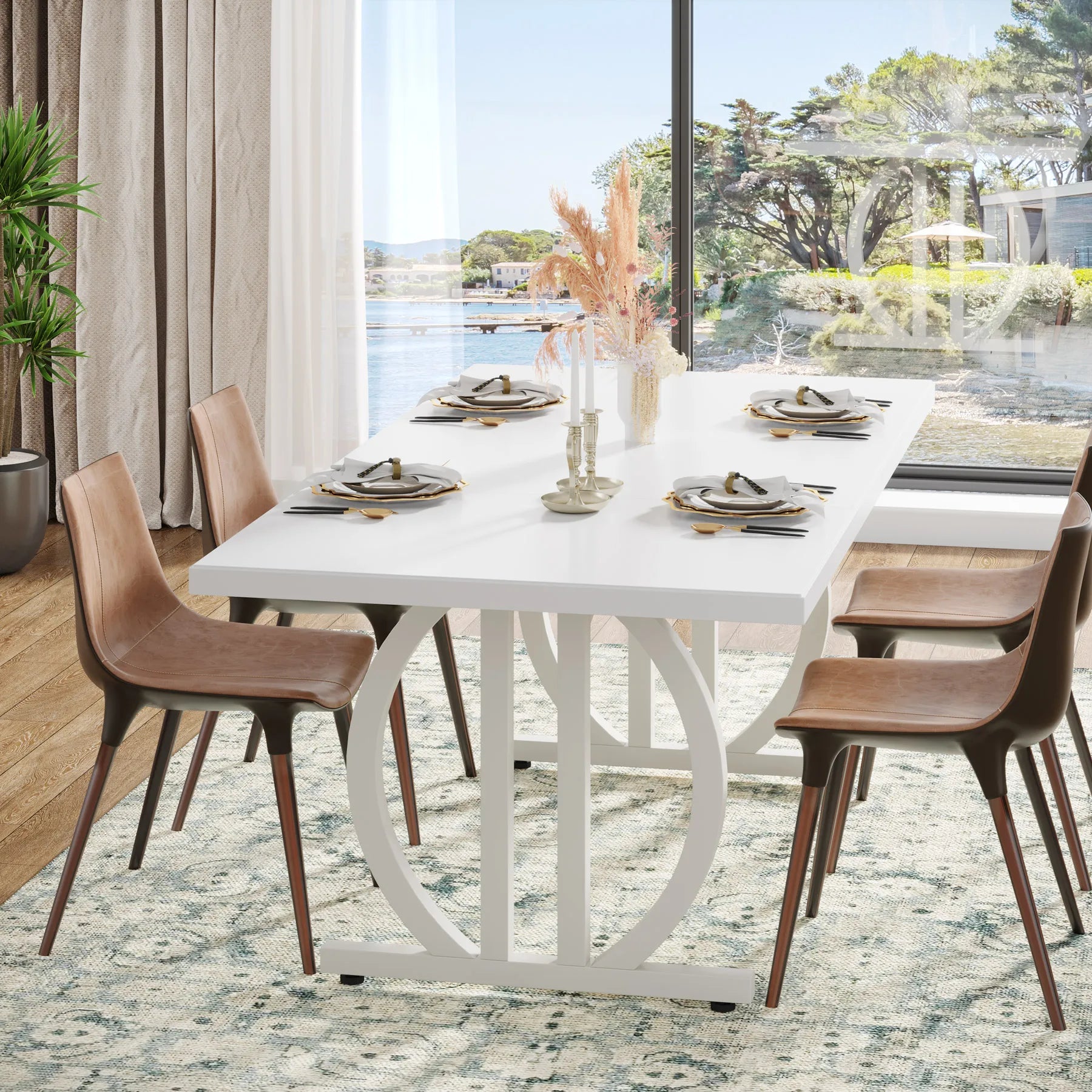 Modern Black 63" Dining Table with Curved Metal Pedestal Base for Kitchen — Seats 6