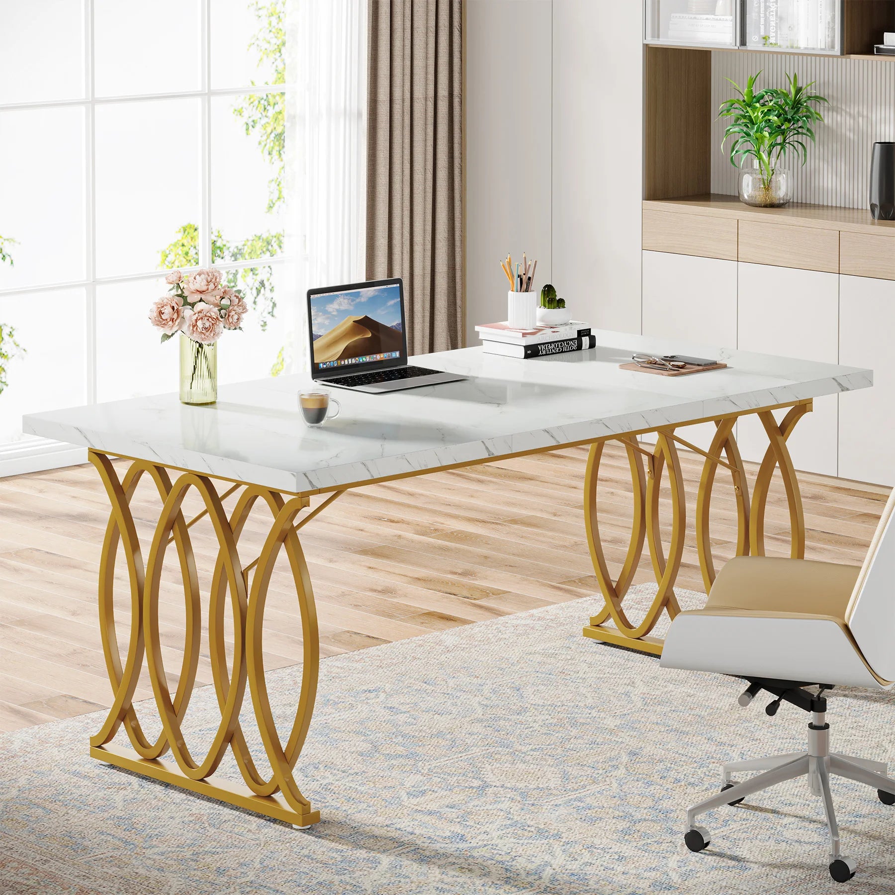 White Executive Desk with Gold Metal Legs for Home Office — 70.9"