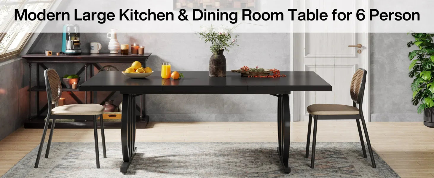 Modern Black 63" Dining Table with Curved Metal Pedestal Base for Kitchen — Seats 6