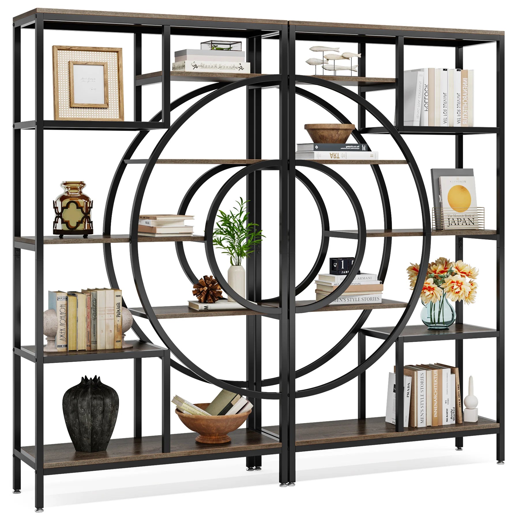 Industrial Etagere Bookcase with Curved Arc for Living Room — 71" Tall Freestanding