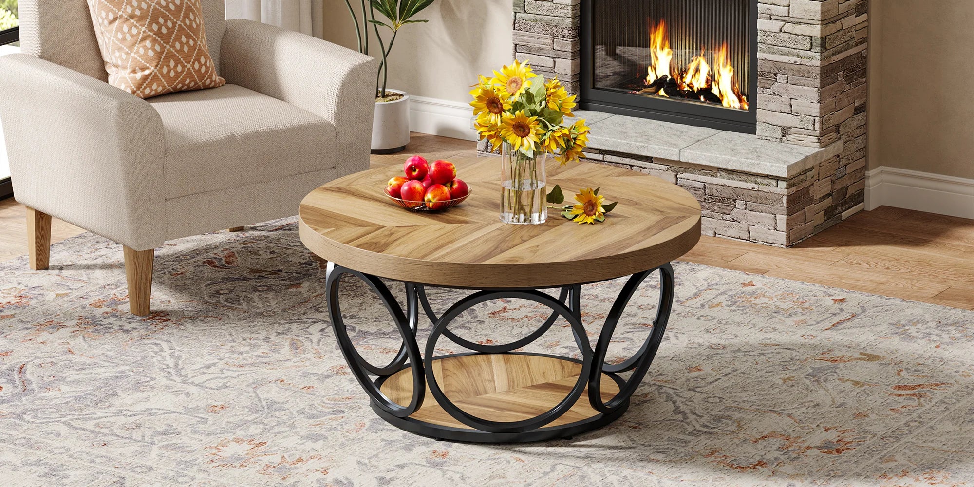 Round Industrial Coffee Table with Storage Shelf for Living Room — 31.7" Oak