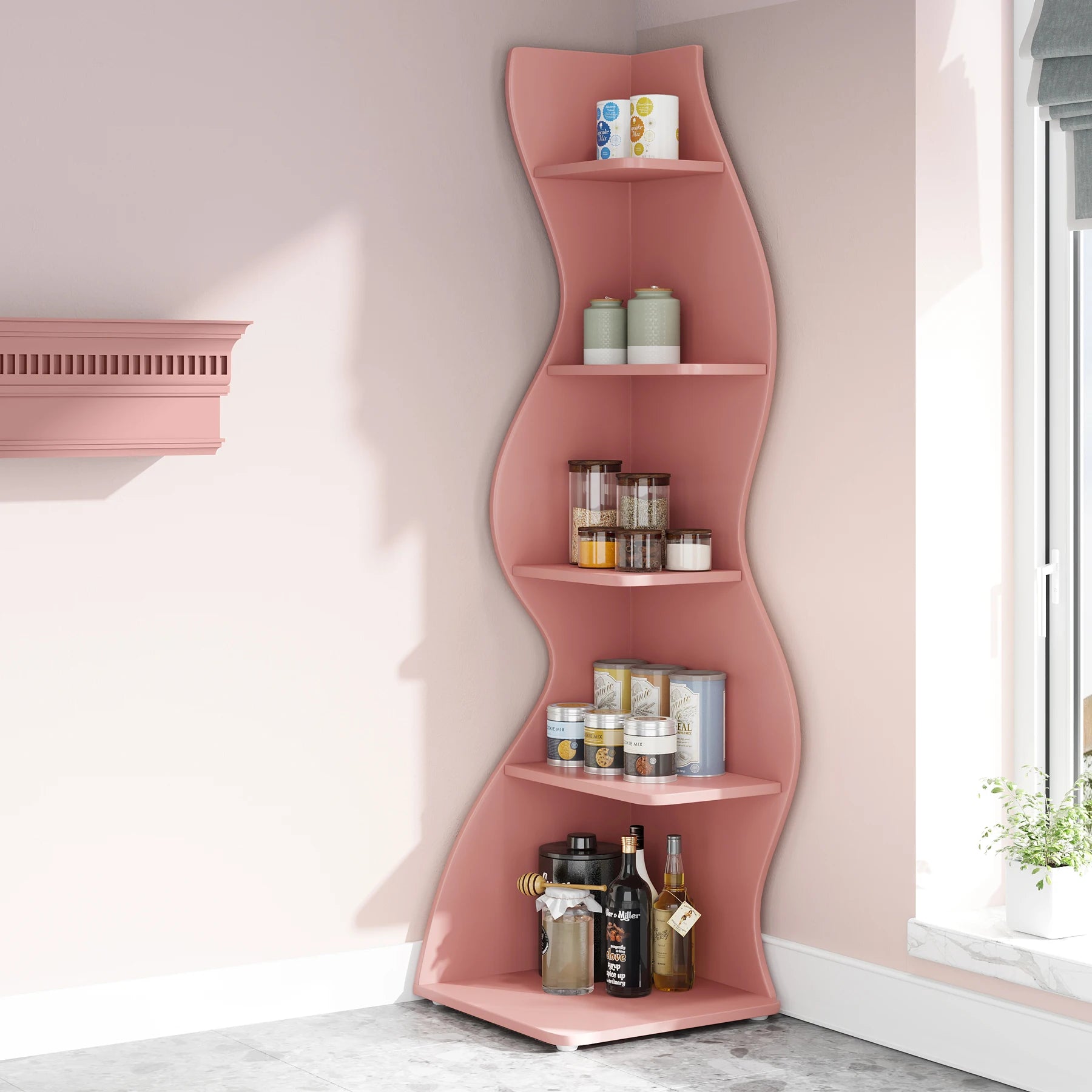 White Wave 5-Tier Corner Bookshelf with Curved Silhouette for Living Room — 65"H Floor Shelf