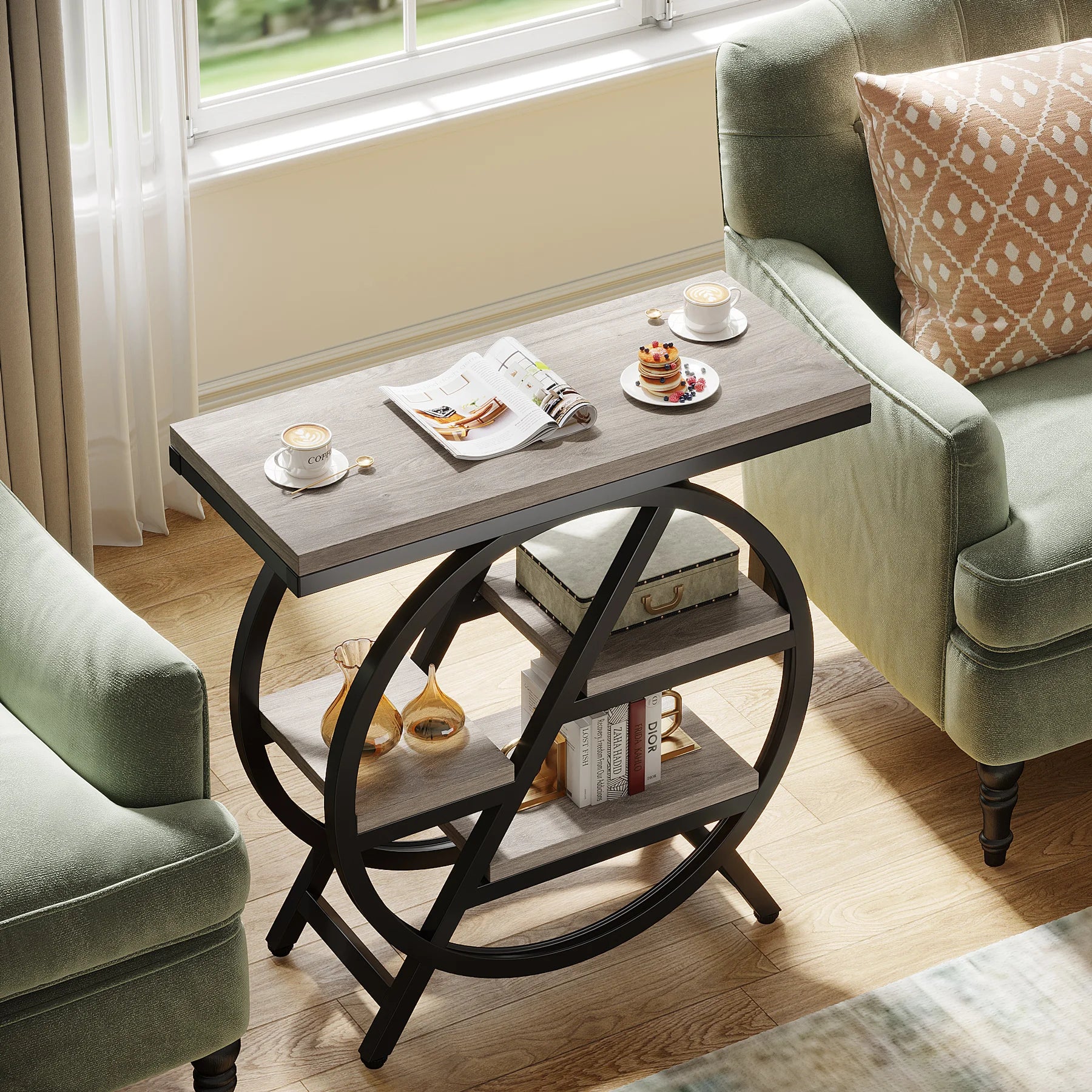 Rustic Wood 3-Tier Side Table with Round Metal Frame for Living Room — Narrow
