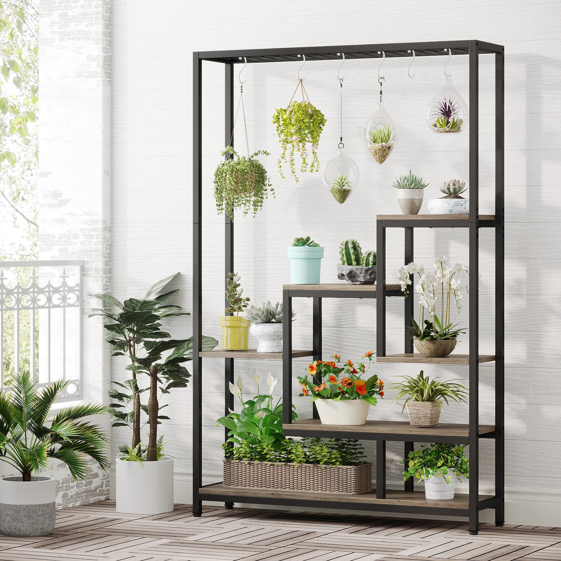 Industrial Metal Plant Stand with Hanging Hooks for Living Room — 5-Tier, 70.9in Tall