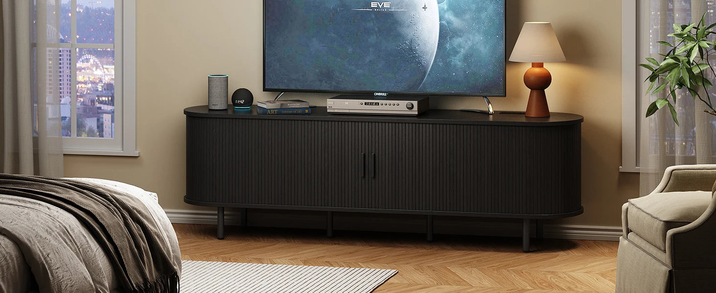Mid-Century TV Stand for 80" TV — Fluted Walnut Media Console with Storage & Sliding Doors