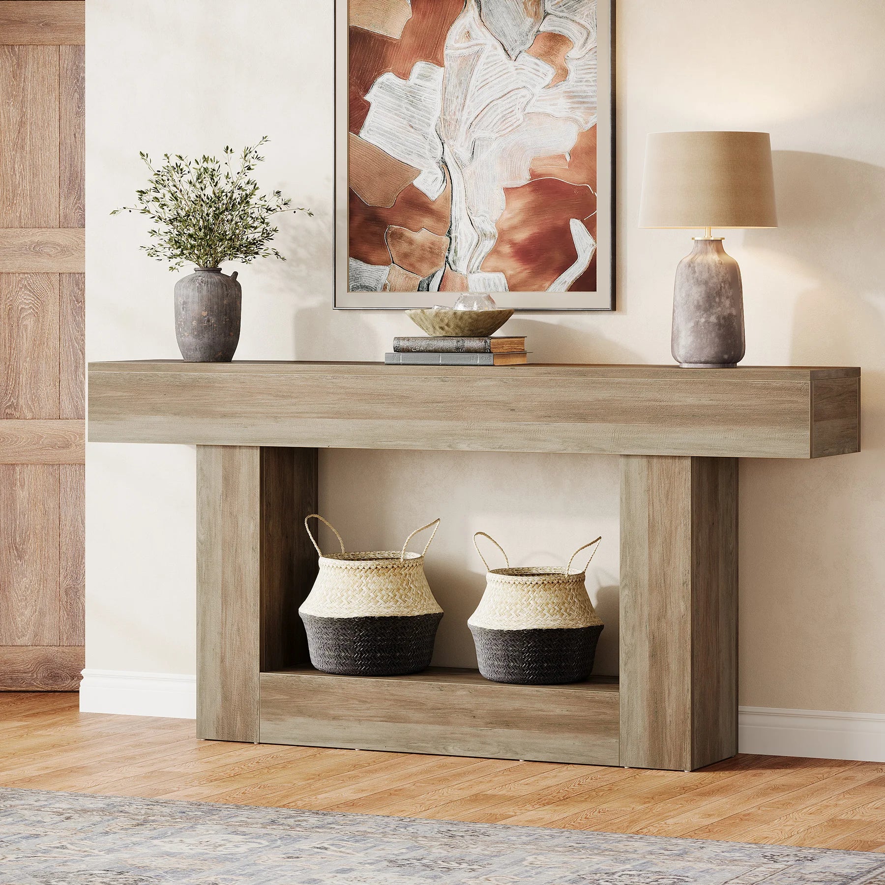 Two-Tone Farmhouse Console Table with Lower Shelf for Entryway — 63"