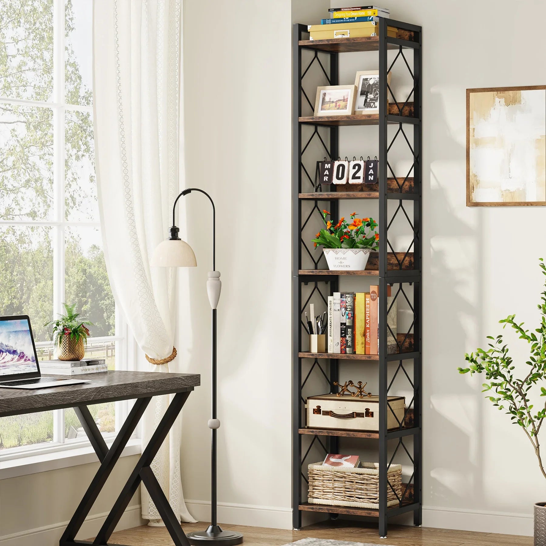 Industrial Narrow Bookshelf with 7 Tiers for Small Spaces — 78.7in Tall