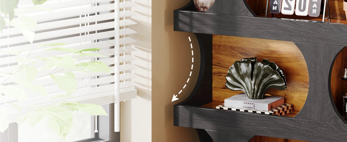 Two-Tone Curved Bookcase with Sculptural Cutout Shelves for Living Room — 71" Tall, 4 Tiers