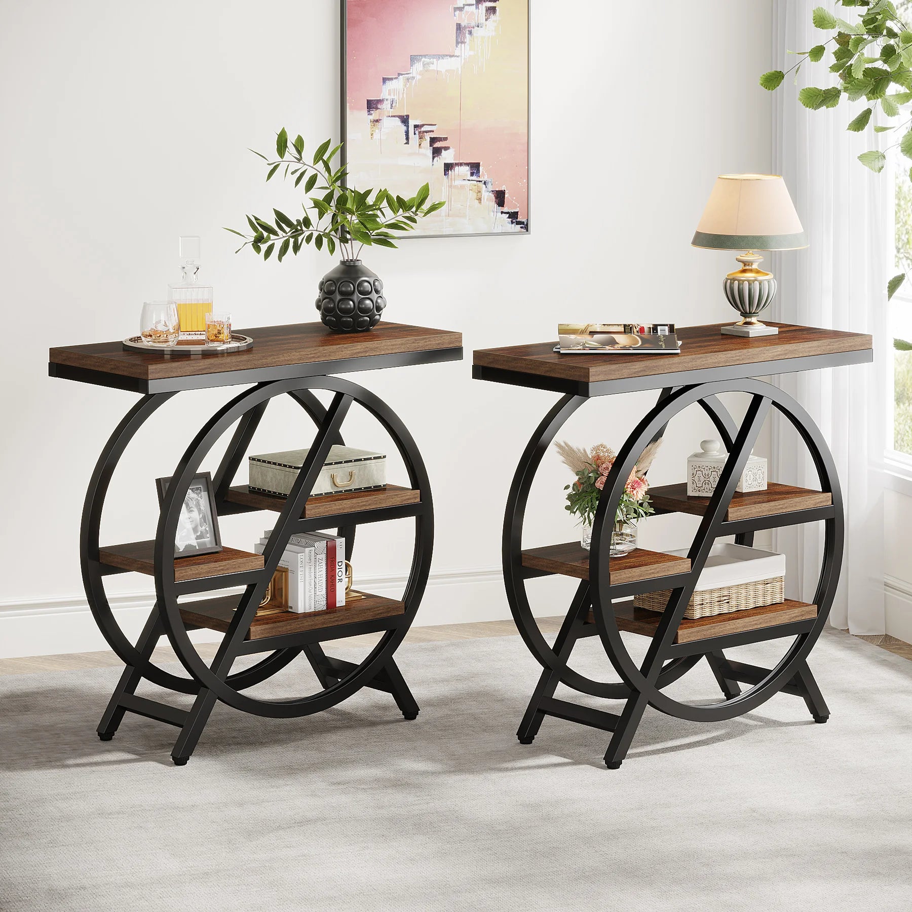 Rustic Wood 3-Tier Side Table with Round Metal Frame for Living Room — Narrow