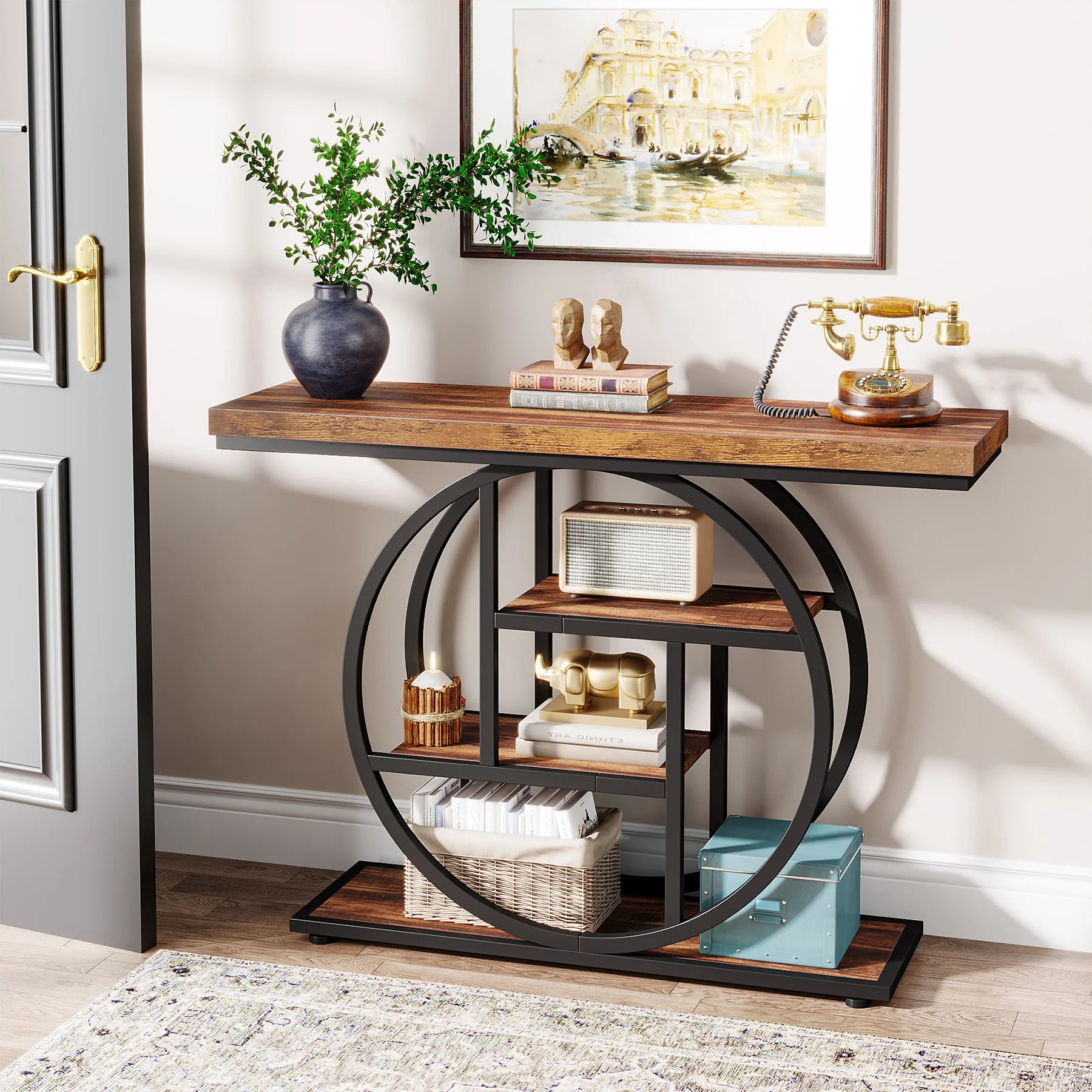 Rustic Wood 4-Tier Console Table with Round Metal Frame for Entryway — 41.3in