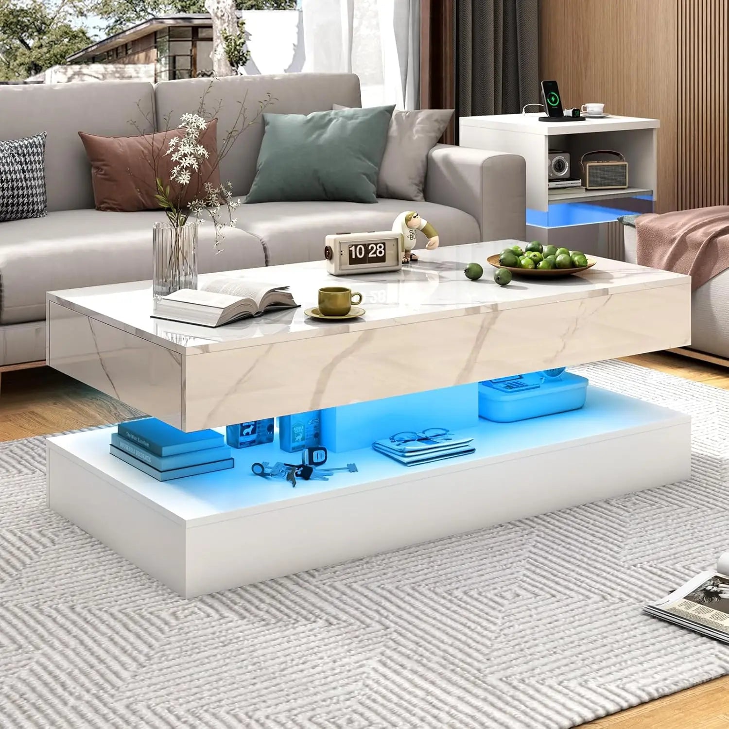 LED Coffee Table with Storage — Modern Faux Marble Coffee Table with Drawers for Living Room