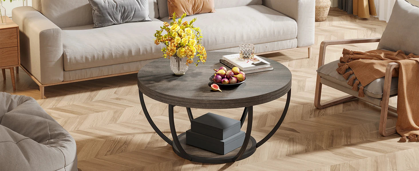 Round Industrial Coffee Table with Storage Shelf for Living Room — 31.7" Oak