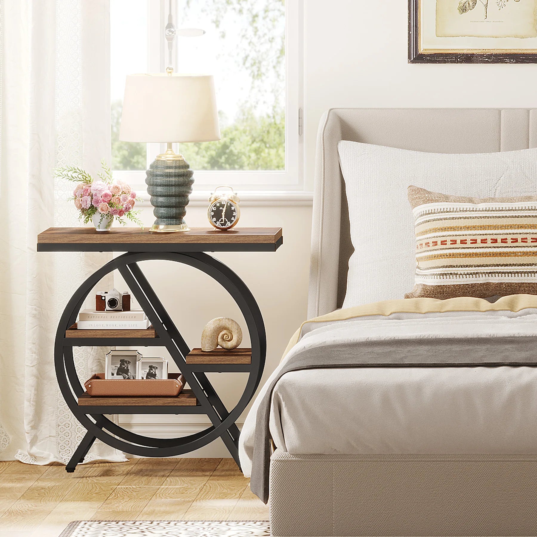 Rustic Wood 3-Tier Side Table with Round Metal Frame for Living Room — Narrow