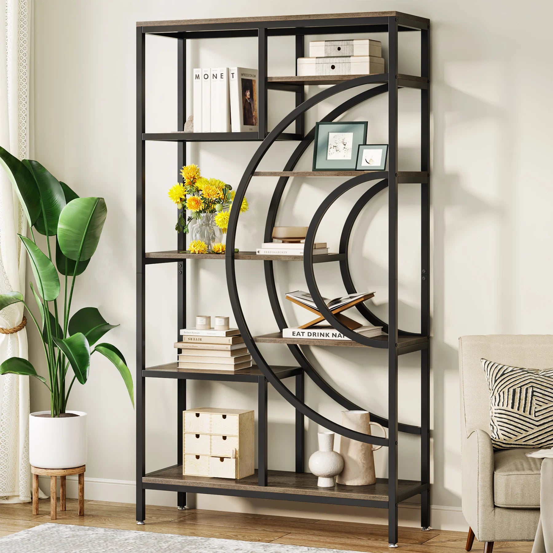 Industrial Etagere Bookcase with Curved Arc for Living Room — 71" Tall Freestanding