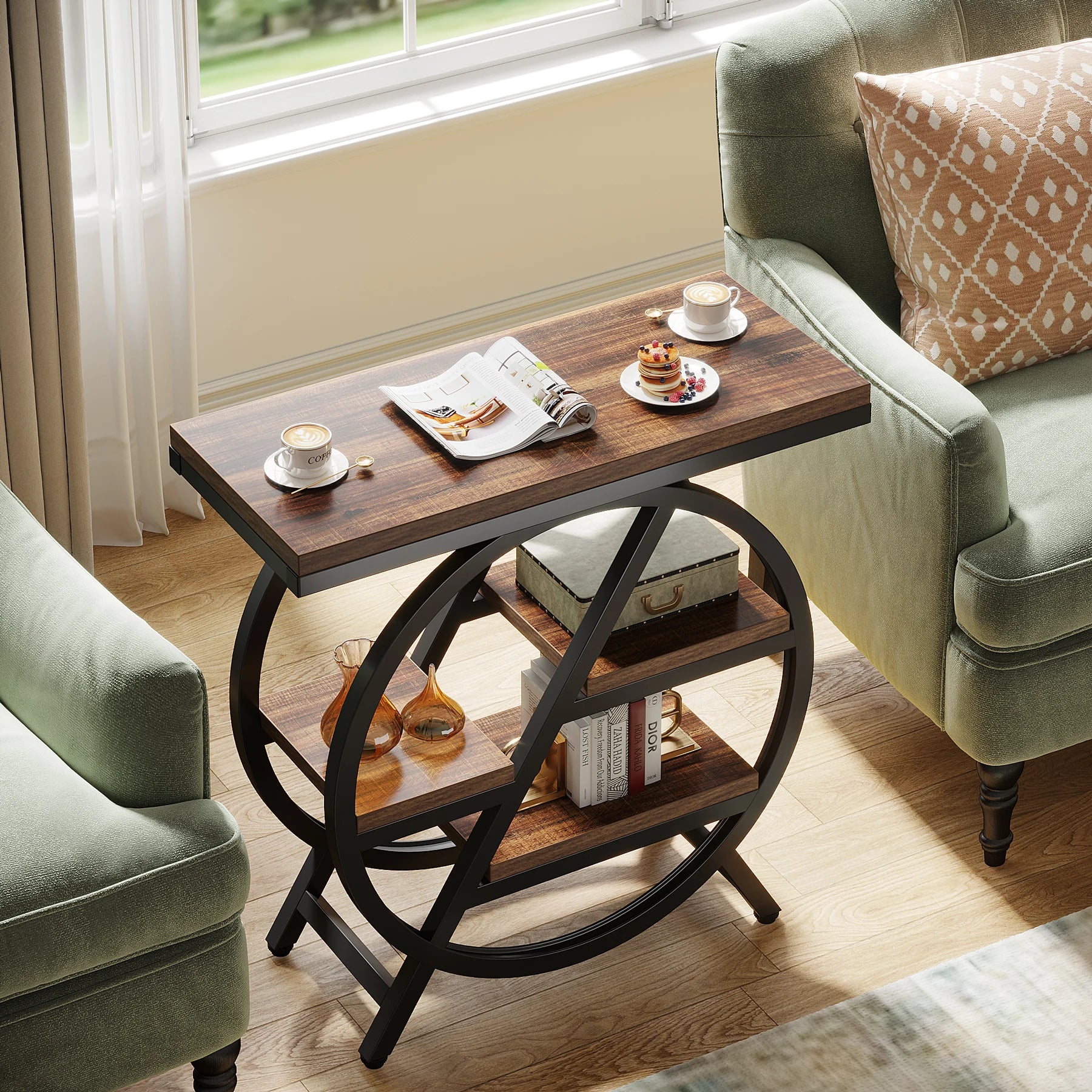 Rustic Wood 3-Tier Side Table with Round Metal Frame for Living Room — Narrow