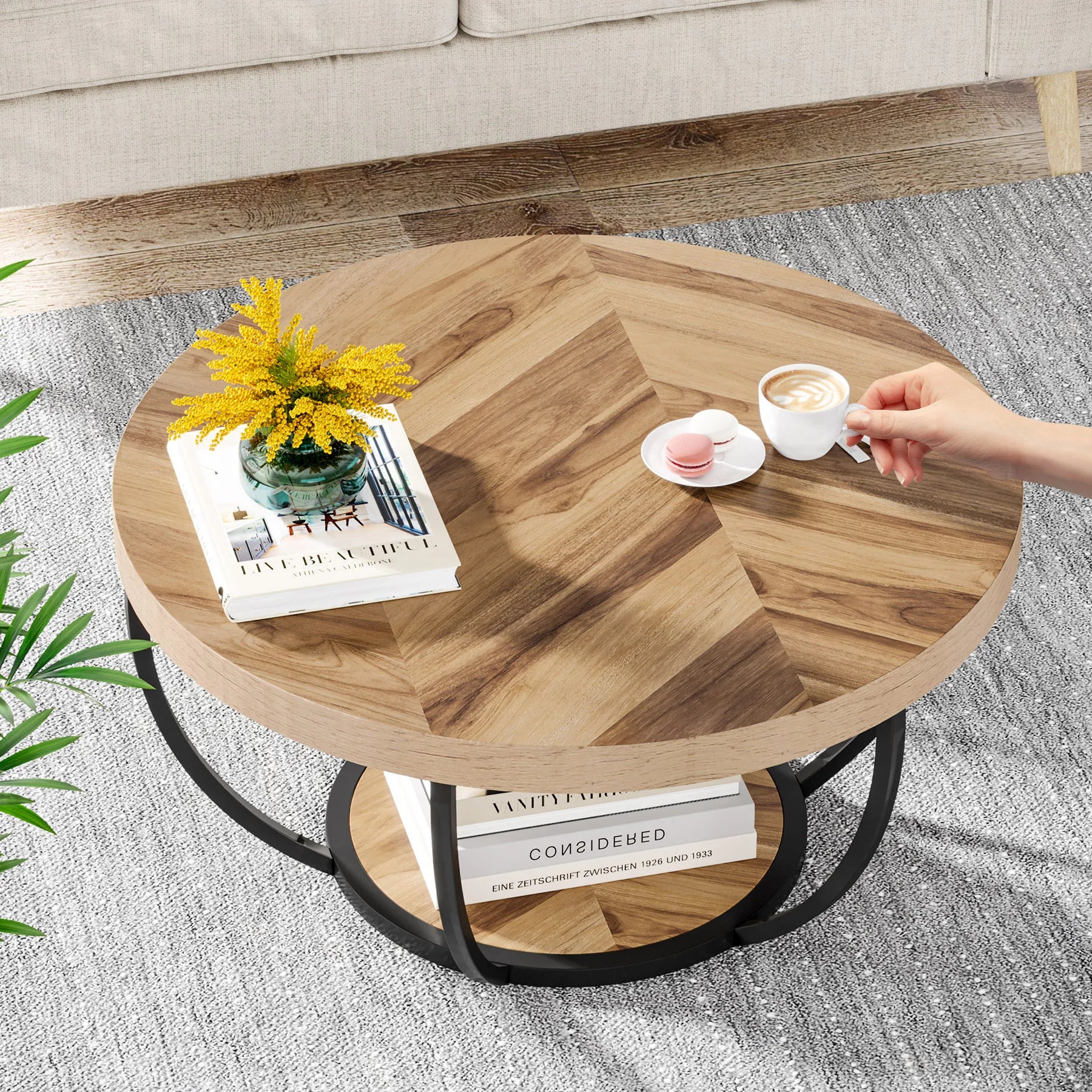 Round Industrial Coffee Table with Storage Shelf for Living Room — 31.7" Oak