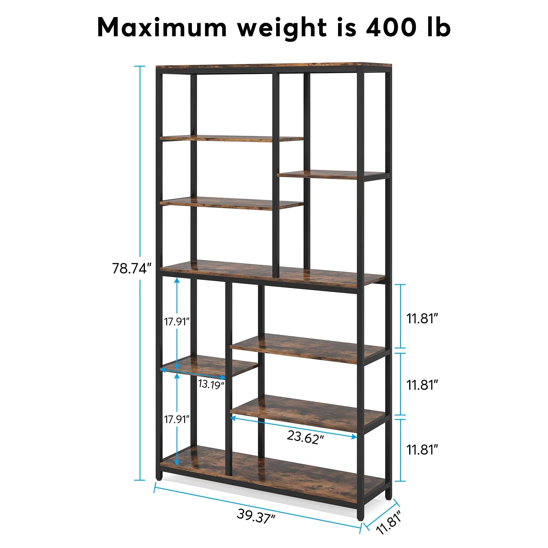 Industrial Bookcase with Open Shelves for Living Room — 79in 9-Tier Etagere