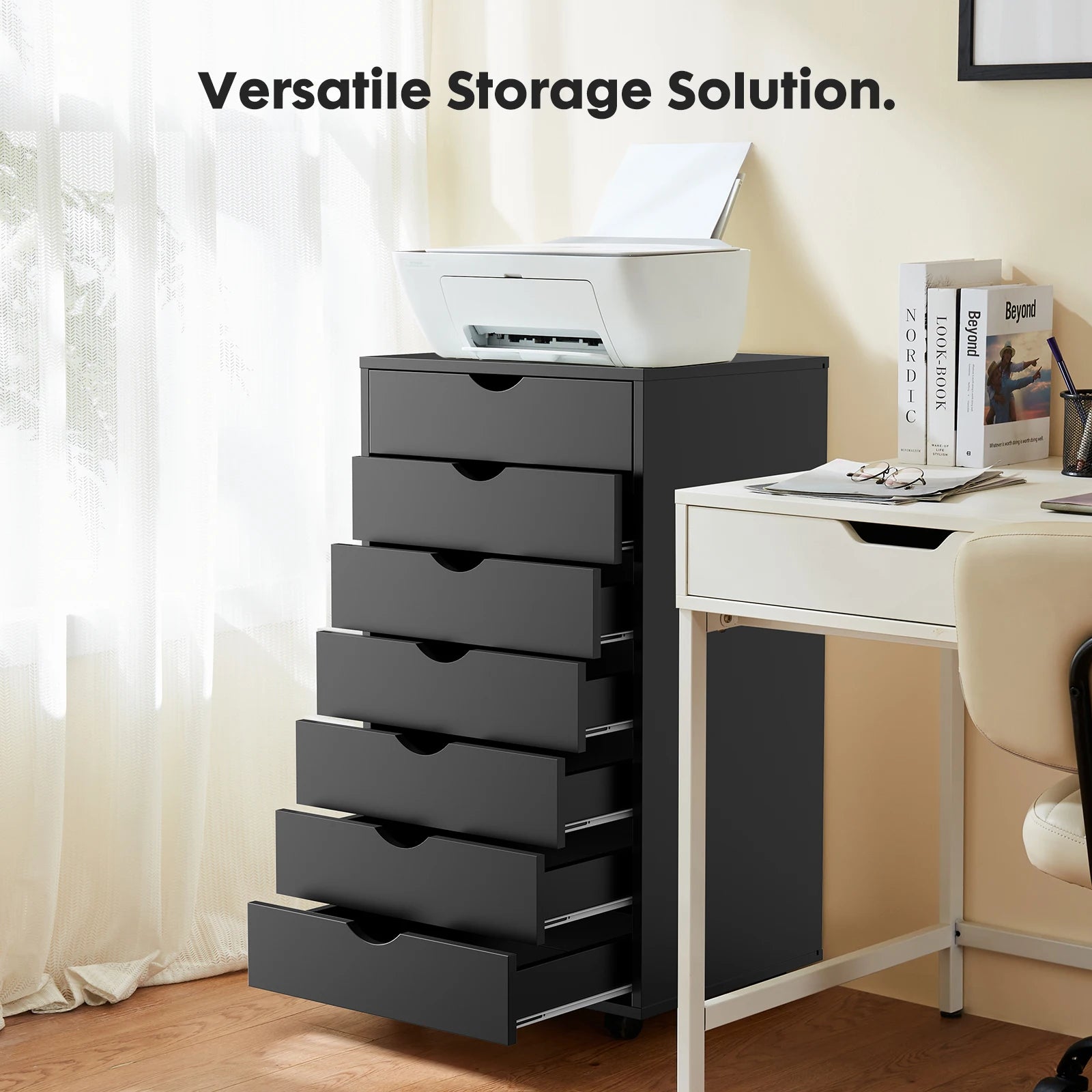 White 7-Drawer Rolling Dresser with Locking Casters for Bedroom or Office — 26" Tall
