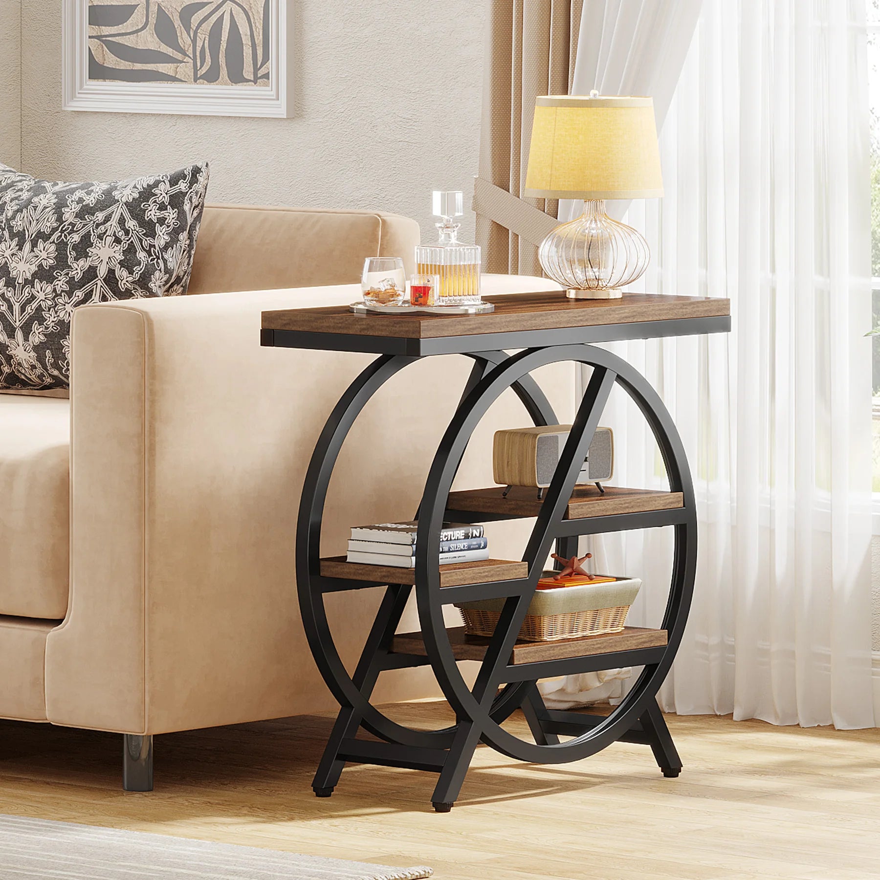 Rustic Wood 3-Tier Side Table with Round Metal Frame for Living Room — Narrow