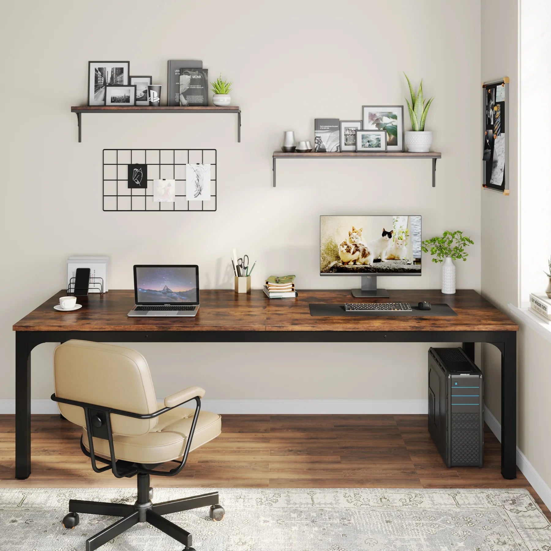 Industrial Wood Computer Desk with Steel Frame for Two-Person Home Office — 78.7"