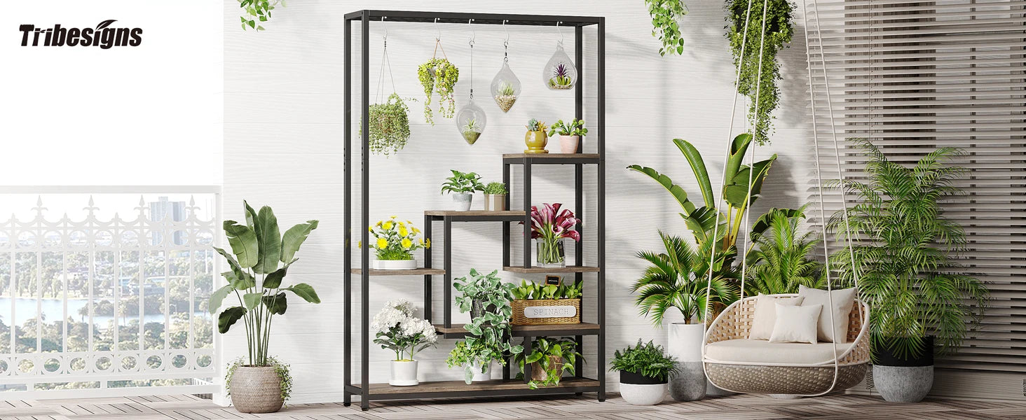 Industrial Metal Plant Stand with Hanging Hooks for Living Room — 5-Tier, 70.9in Tall