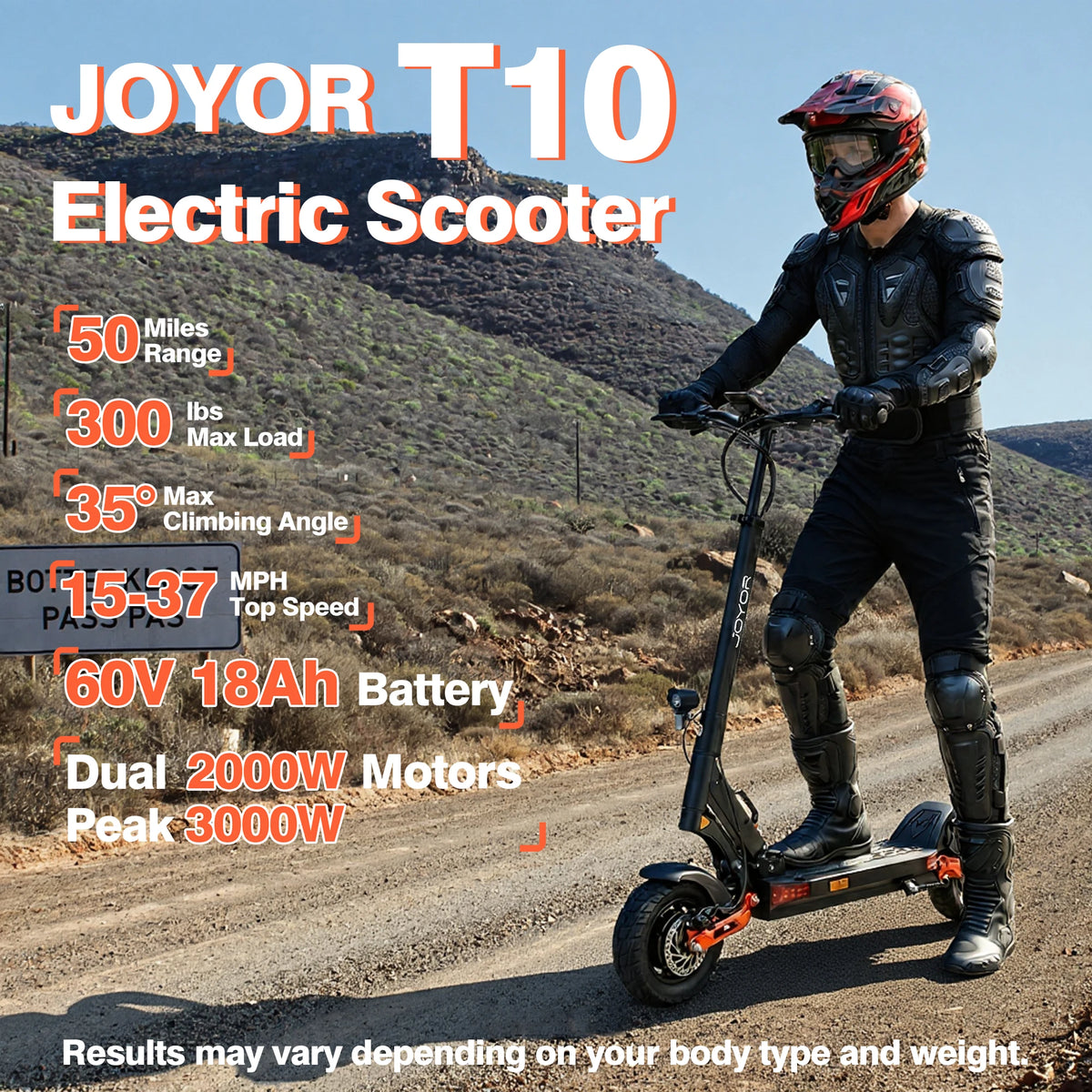 Electric Scooter for Adults — JOYOR T10, 2000W Dual Motor, 10" Off-Road