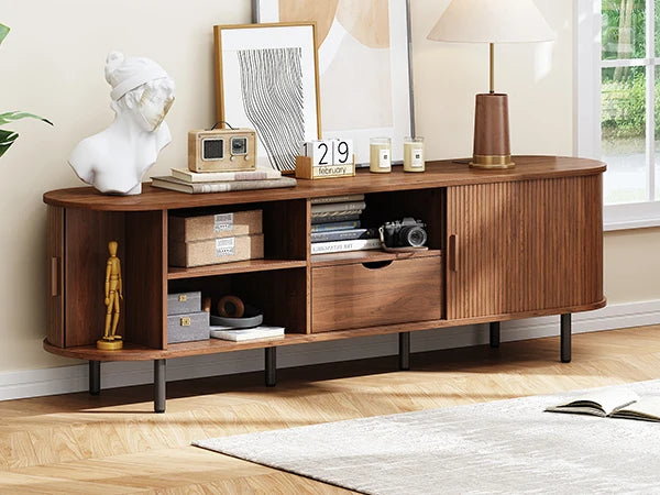 Mid-Century TV Stand for 80" TV — Fluted Walnut Media Console with Storage & Sliding Doors